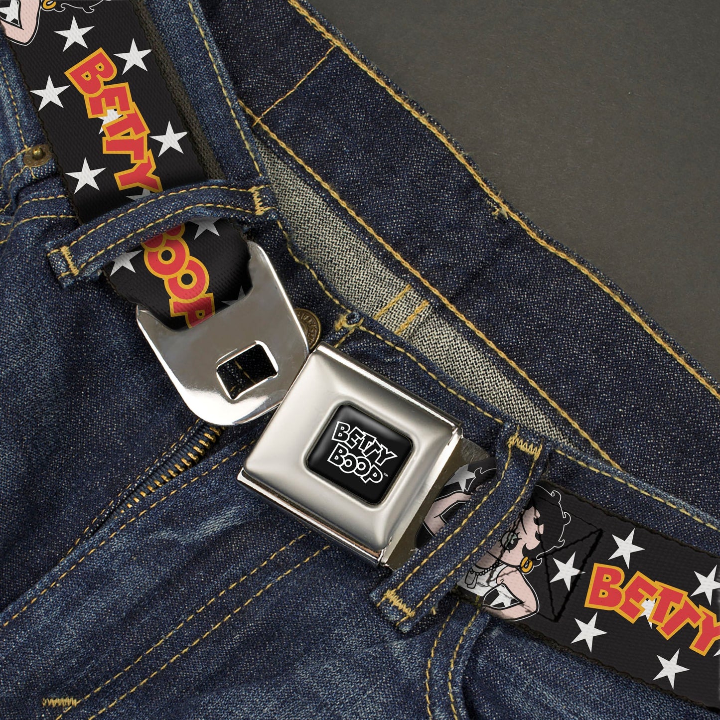 BETTY BOOP Title Logo Full Color Black/White Seatbelt Belt - BETTY BOOP Salute Pose and Text Stars Black/White/Yellow/Red Webbing