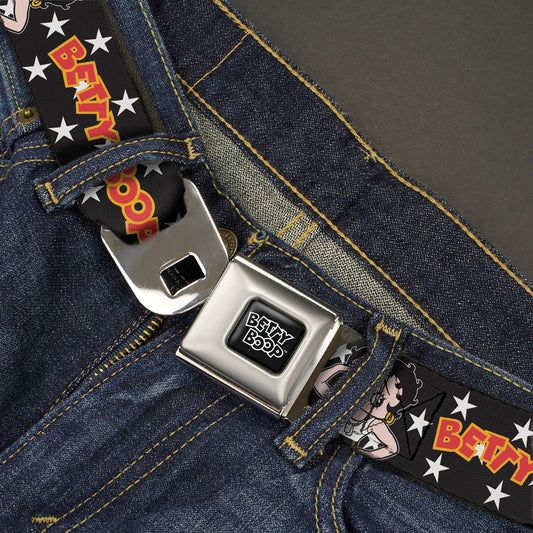 BETTY BOOP Title Logo Full Color Black/White Seatbelt Belt - BETTY BOOP Salute Pose and Text Stars Black/White/Yellow/Red Webbing