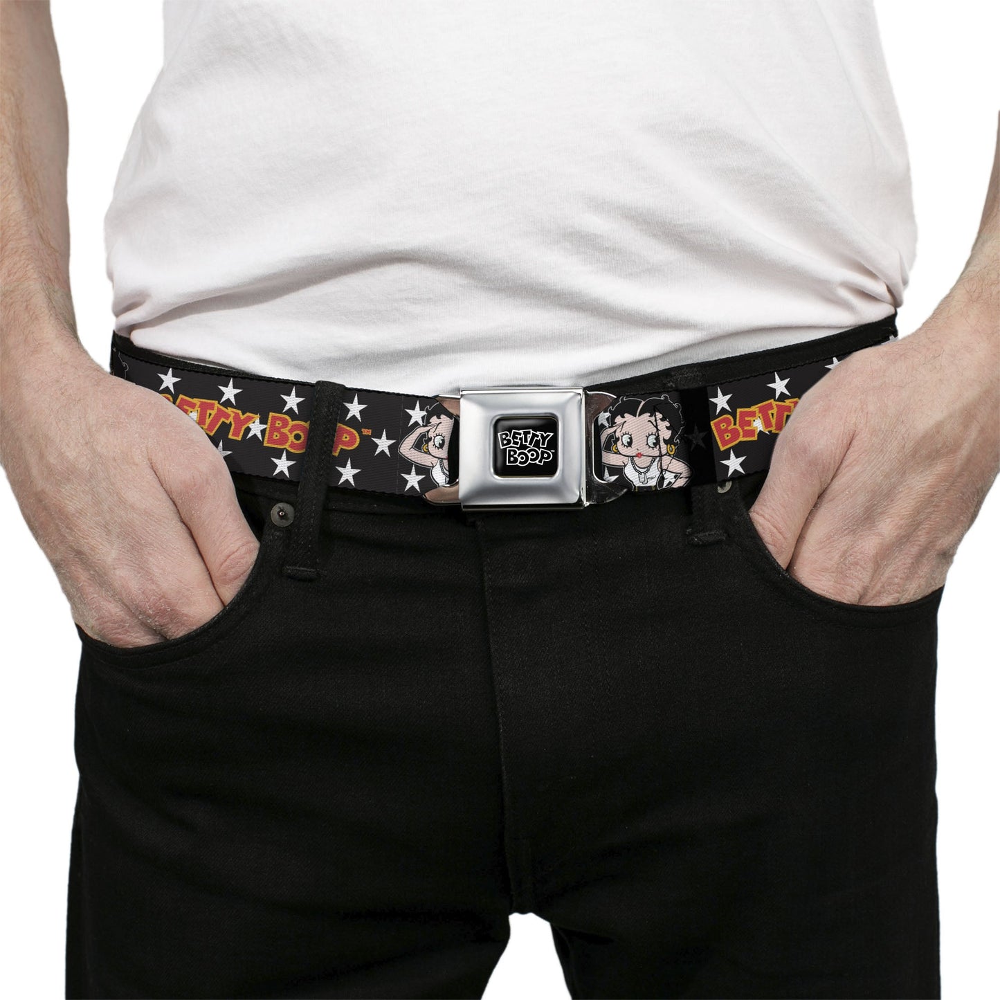 BETTY BOOP Title Logo Full Color Black/White Seatbelt Belt - BETTY BOOP Salute Pose and Text Stars Black/White/Yellow/Red Webbing