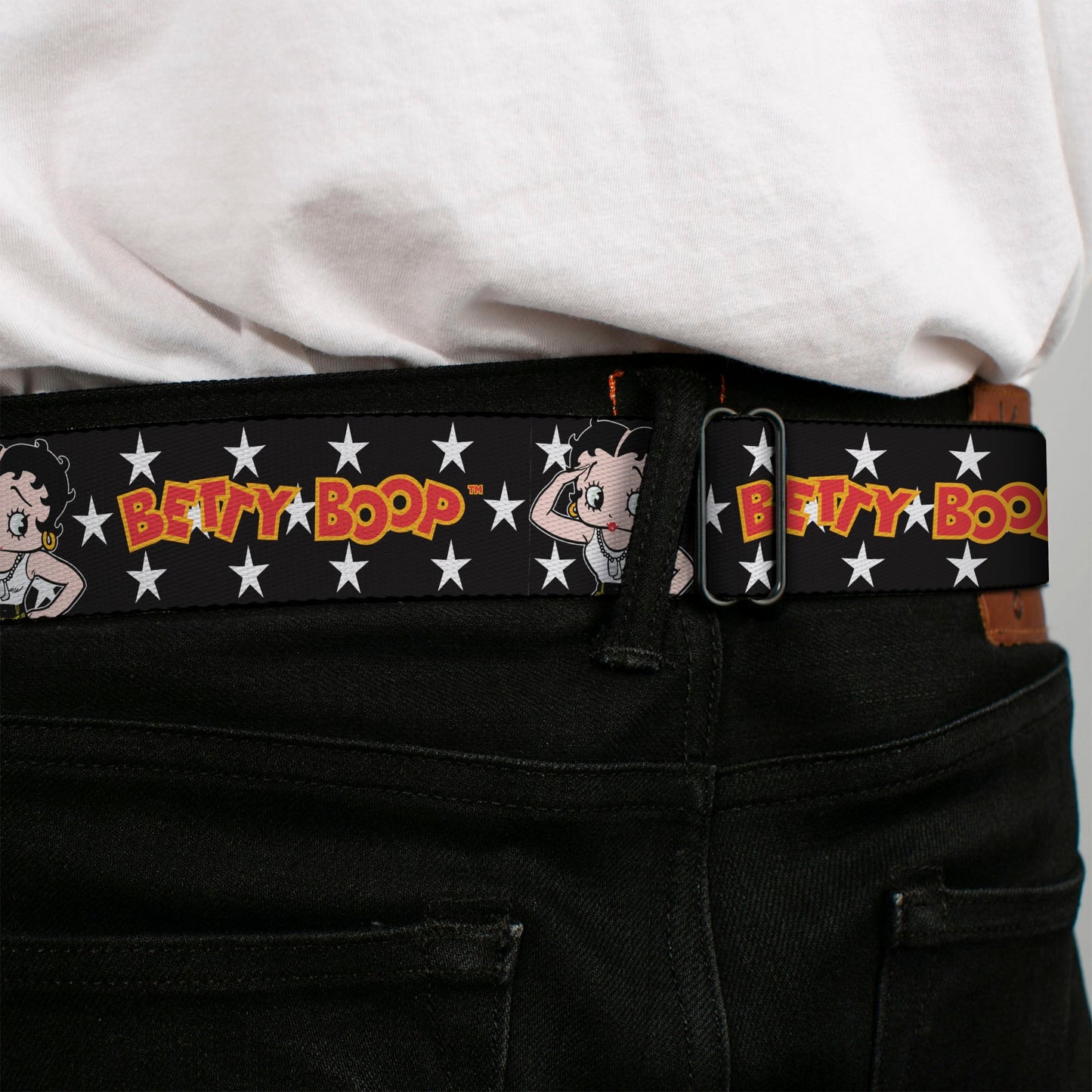 BETTY BOOP Title Logo Full Color Black/White Seatbelt Belt - BETTY BOOP Salute Pose and Text Stars Black/White/Yellow/Red Webbing