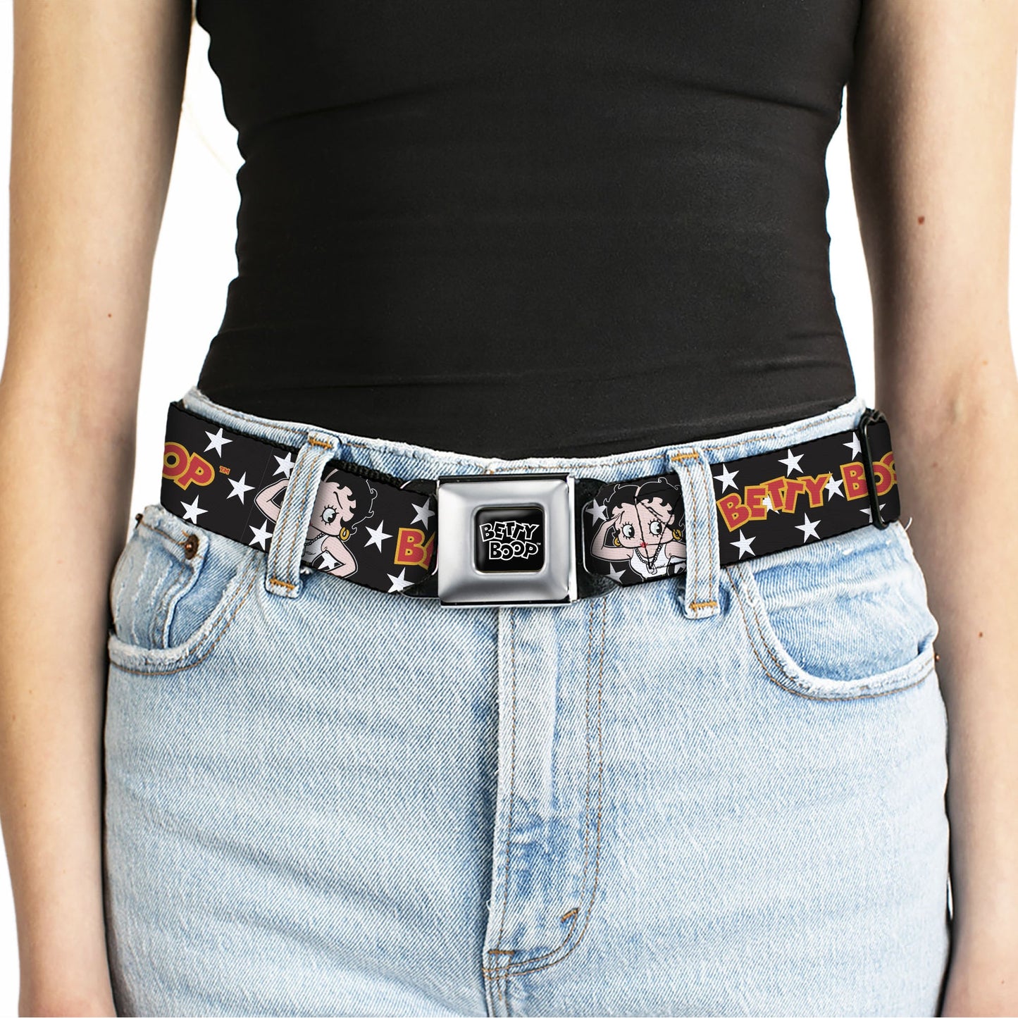 BETTY BOOP Title Logo Full Color Black/White Seatbelt Belt - BETTY BOOP Salute Pose and Text Stars Black/White/Yellow/Red Webbing