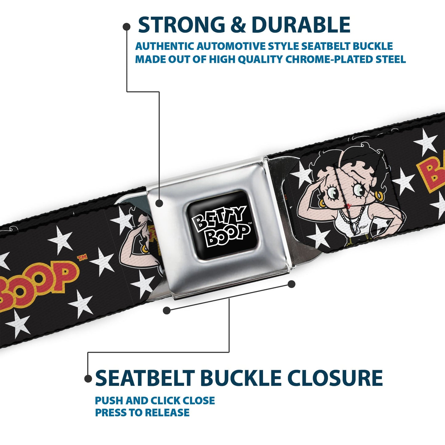 BETTY BOOP Title Logo Full Color Black/White Seatbelt Belt - BETTY BOOP Salute Pose and Text Stars Black/White/Yellow/Red Webbing
