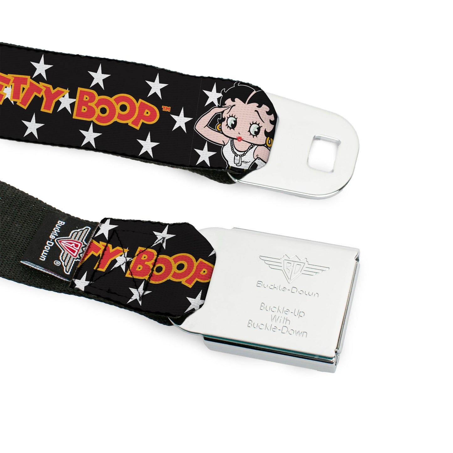 BETTY BOOP Title Logo Full Color Black/White Seatbelt Belt - BETTY BOOP Salute Pose and Text Stars Black/White/Yellow/Red Webbing