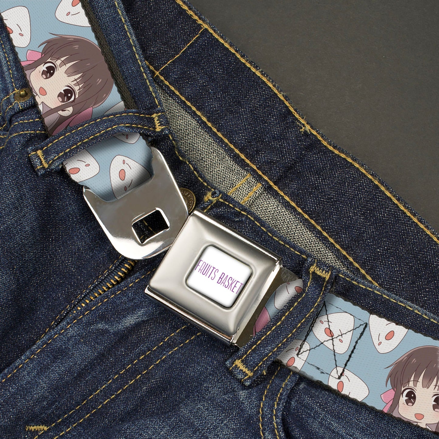 FRUITS BASKET Title Logo Full Color White/Purple Seatbelt Belt - Fruits Basket Chibi Tohru Honda and Rice Ball Scattered Light Blue Webbing