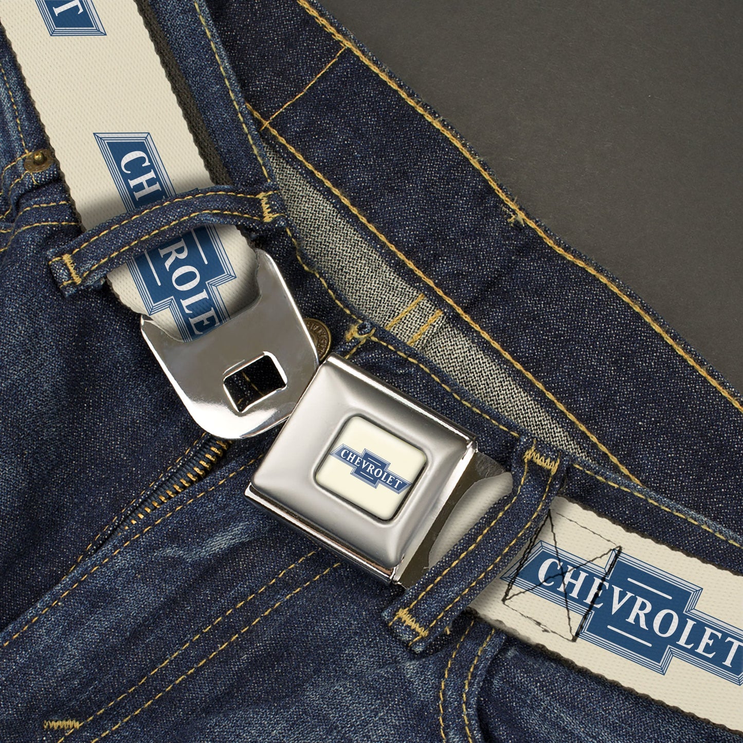 CHEVROLET 1940 Bowtie Text Logo Full Color White/Blues Seatbelt Belt - CHEVROLET 1940 Bowtie Text Logo White/Blues Webbing