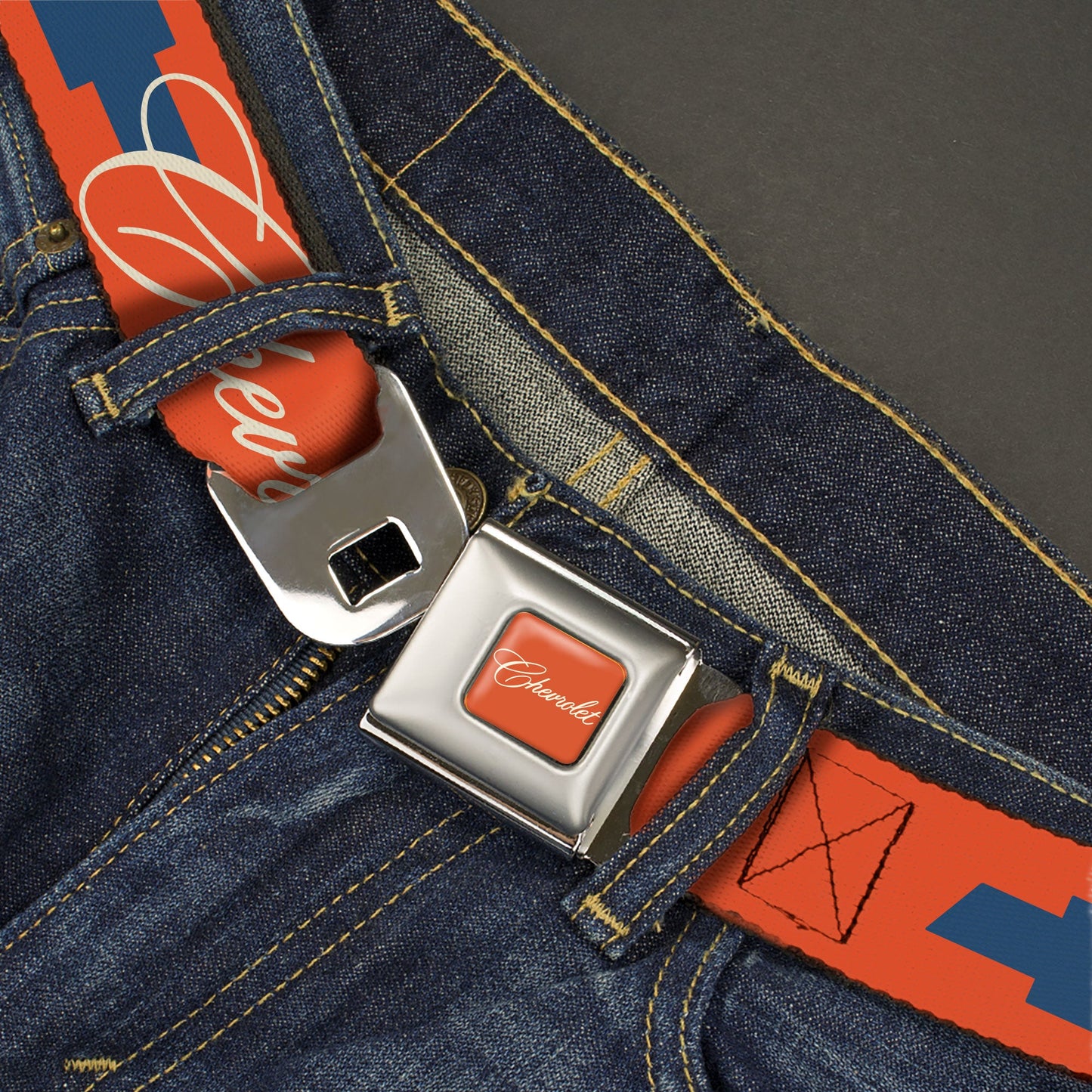 CHEVROLET Script Full Color Orange/White/Blue Seatbelt Belt - CHEVROLET Script and Bowtie Orange/White/Blue Webbing