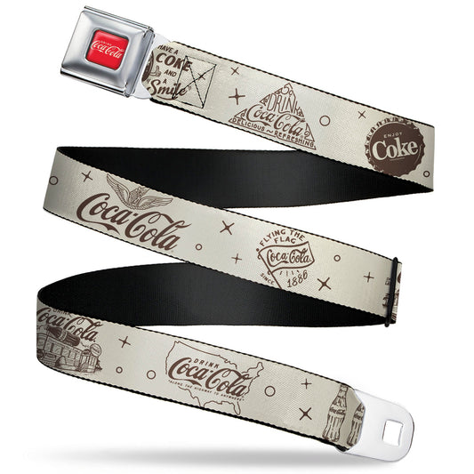 DRINK COCA-COLA Logo Full Color Red/White Seatbelt Belt - Vintage Coca-Cola Coke Icons and Ad Logos White/Brown Webbing