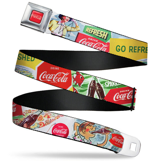 DRINK COCA-COLA Logo Full Color Red/White Seatbelt Belt - Vintage Coca-Cola GO REFRESHED Ads and Icons Collage Webbing
