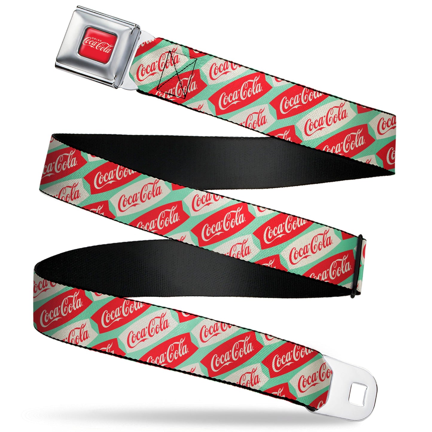 DRINK COCA-COLA Logo Full Color Red/White Seatbelt Belt - Coca-Cola Script Marquee Logo Green/Red/White Webbing