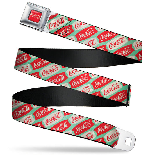 DRINK COCA-COLA Logo Full Color Red/White Seatbelt Belt - Coca-Cola Script Marquee Logo Green/Red/White Webbing