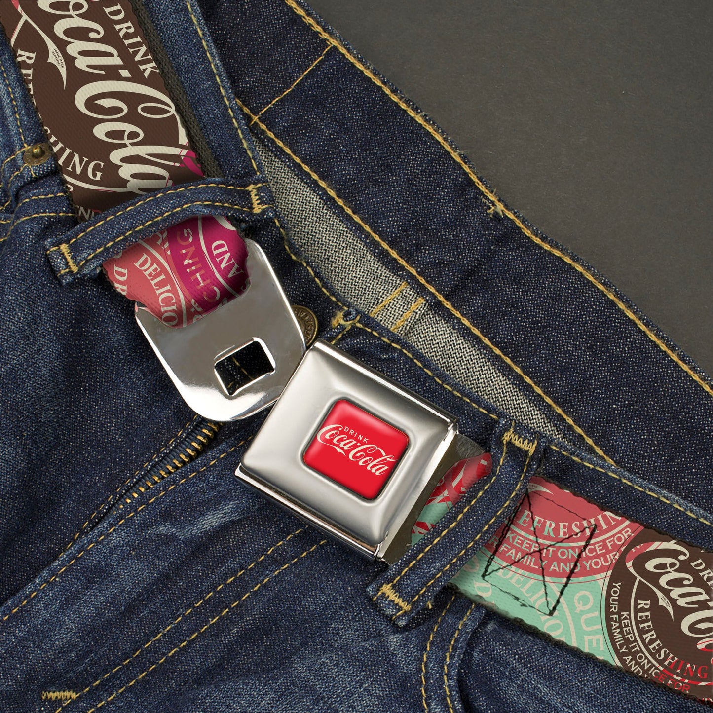 DRINK COCA-COLA Logo Full Color Red/White Seatbelt Belt - DRINK COCA-COLA Coke Patches Stacked Reds/Multi Color Webbing