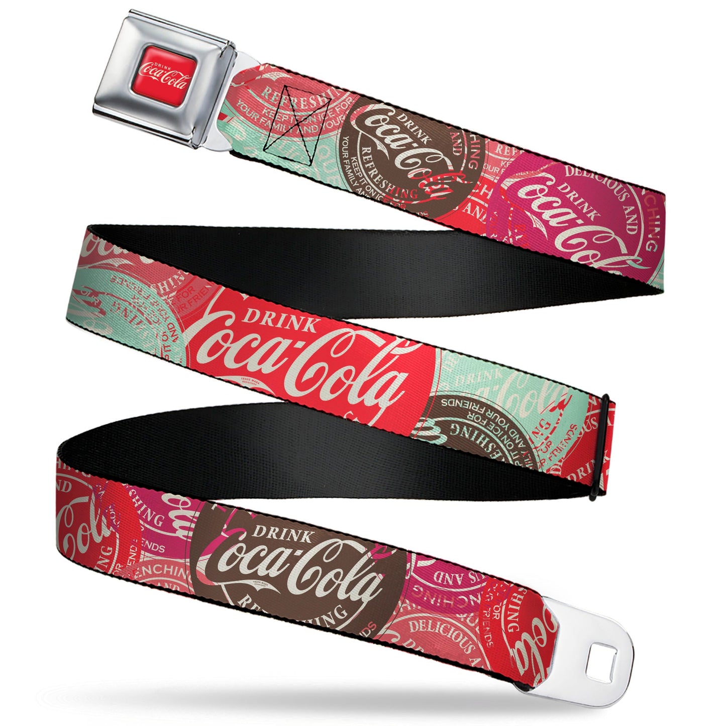 DRINK COCA-COLA Logo Full Color Red/White Seatbelt Belt - DRINK COCA-COLA Coke Patches Stacked Reds/Multi Color Webbing