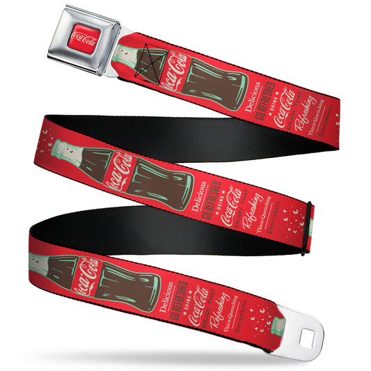 DRINK COCA-COLA Logo Full Color Red/White Seatbelt Belt - Vintage Coca-Cola DELICIOUS GO REFRESHED Typography and Bottle Red/Brown/White Webbing