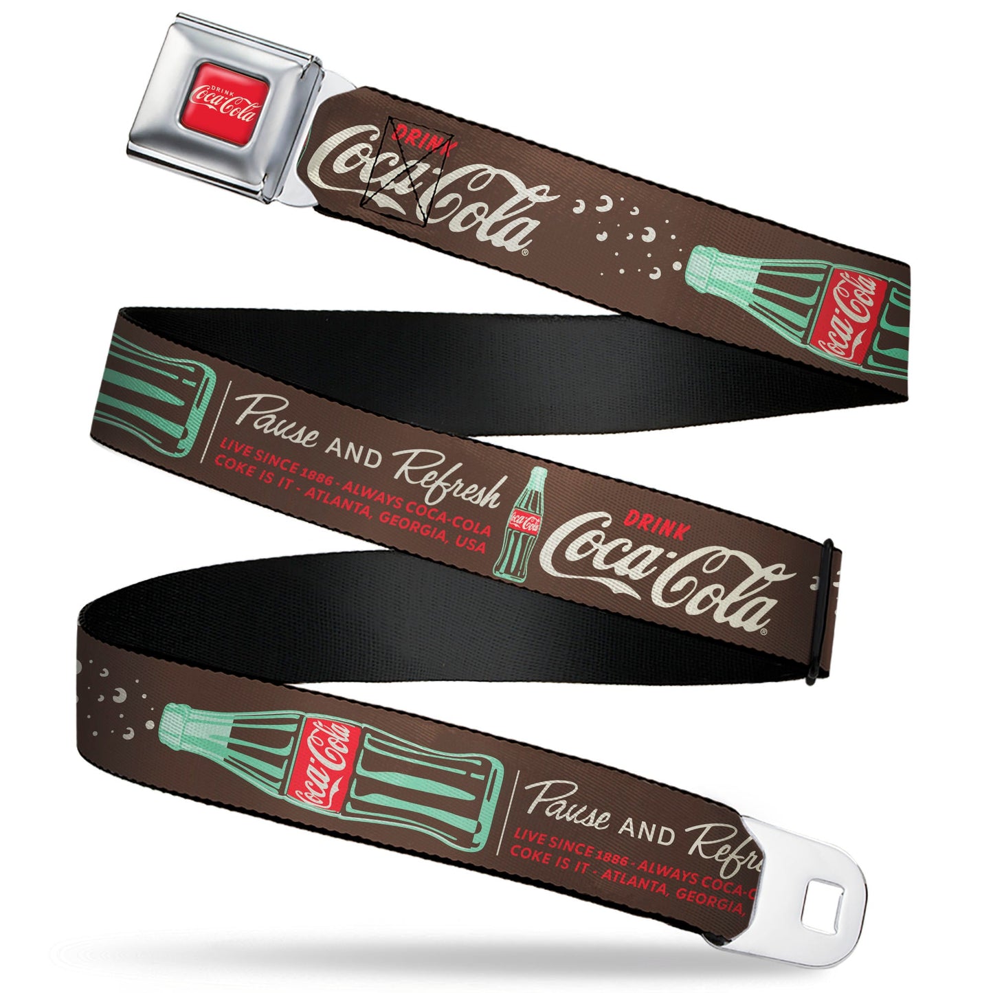 DRINK COCA-COLA Logo Full Color Red/White Seatbelt Belt - Coca-Cola PAUSE AND REFRESH Typography and Bottle Brown/Red/White Webbing