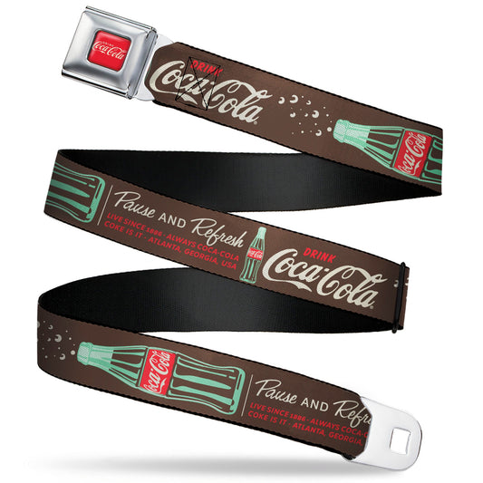 DRINK COCA-COLA Logo Full Color Red/White Seatbelt Belt - Coca-Cola PAUSE AND REFRESH Typography and Bottle Brown/Red/White Webbing