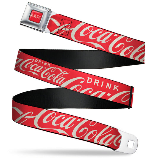 DRINK COCA-COLA Logo Full Color Red/White Seatbelt Belt - DRINK COCA-COLA Typograpy Logo Scattered Red/White Webbing