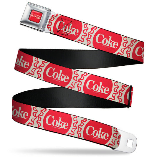 DRINK COCA-COLA Logo Full Color Red/White Seatbelt Belt - Vintage COKE Bottle Caps White/Red Webbing