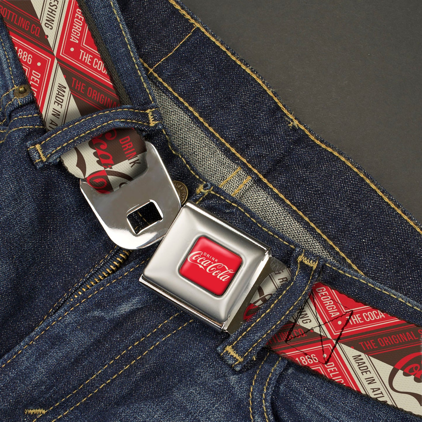 DRINK COCA-COLA Logo Full Color Red/White Seatbelt Belt - DRINK COCA-COLA Coke Diamond Blocks Red/Brown/Beige Webbing