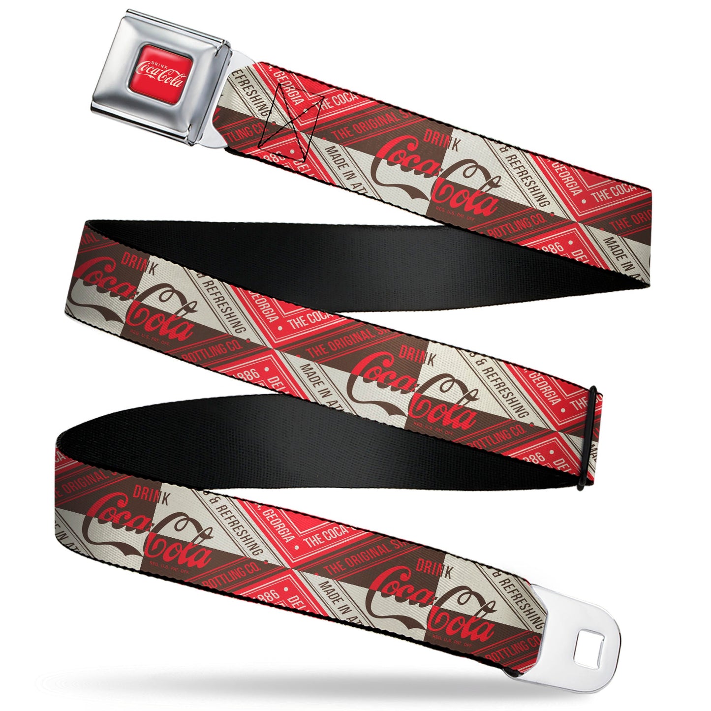 DRINK COCA-COLA Logo Full Color Red/White Seatbelt Belt - DRINK COCA-COLA Coke Diamond Blocks Red/Brown/Beige Webbing