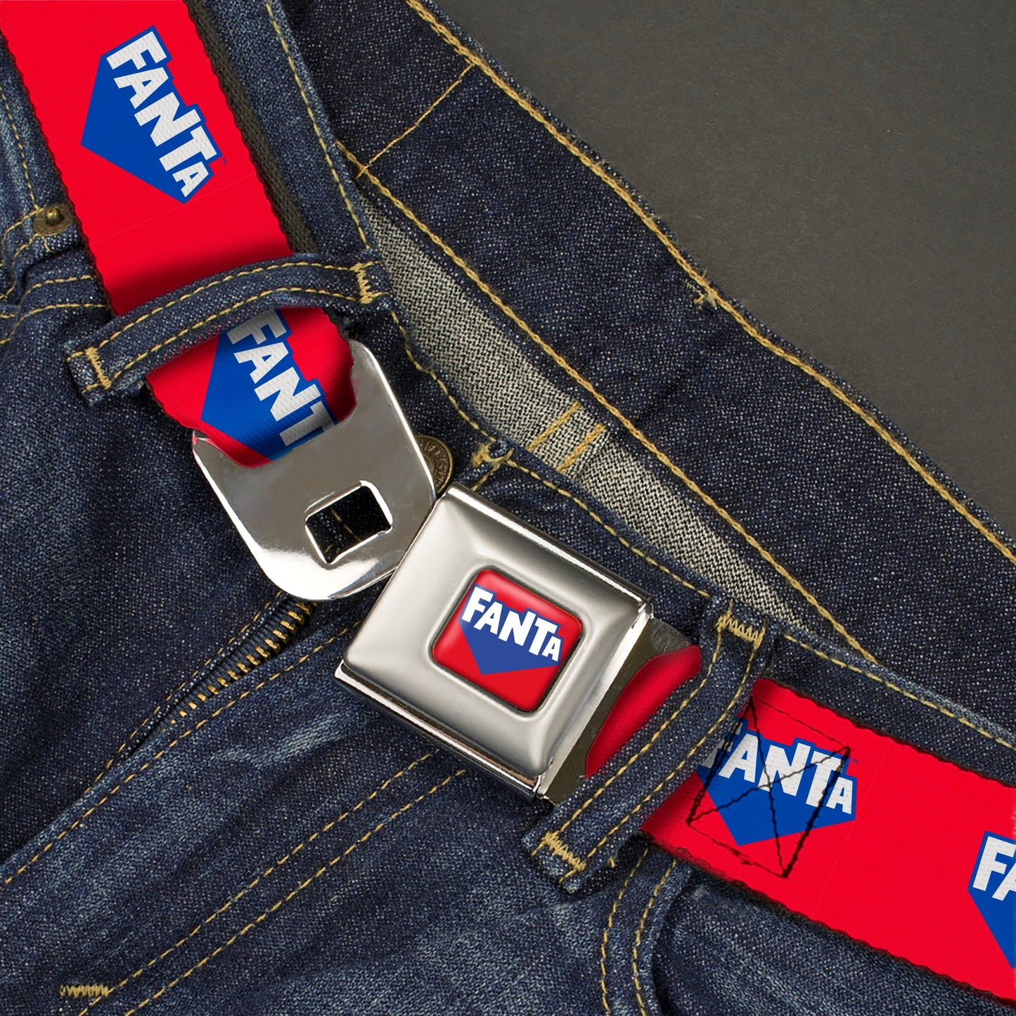 FANTA Logo Full Color Strawberry Red/Blue/White Seatbelt Belt - FANTA Logo Strawberry Red/Blue/White Webbing