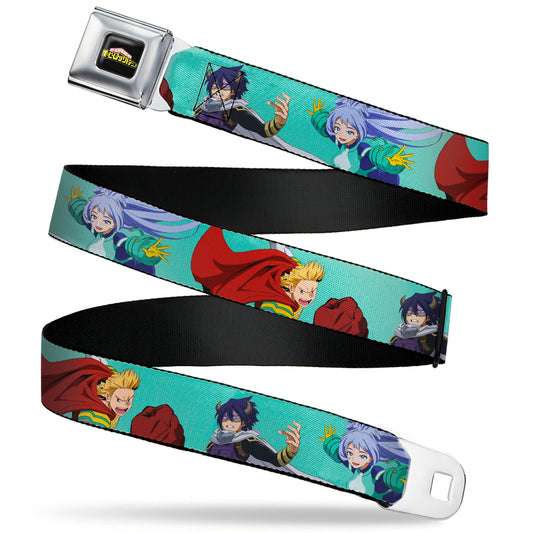 MY HERO ACADEMIA Title Logo Full Color Black Seatbelt Belt - My Hero Academia The Big 3 Action Poses Light Blue Webbing