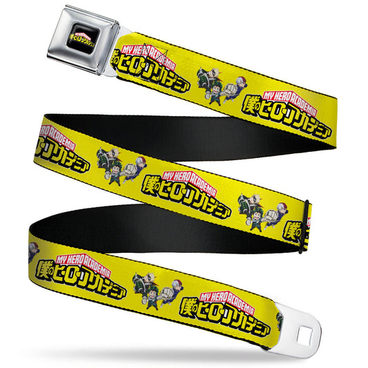 MY HERO ACADEMIA Title Logo Full Color Black Seatbelt Belt - MY HERO ACADEMIA Character Trio Pose and Title Logo Yellow Webbing