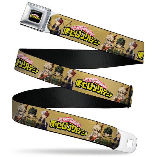 MY HERO ACADEMIA Title Logo Full Color Black Seatbelt Belt - MY HERO ACADEMIA Character Trio Pose and Title Logo Tan Webbing