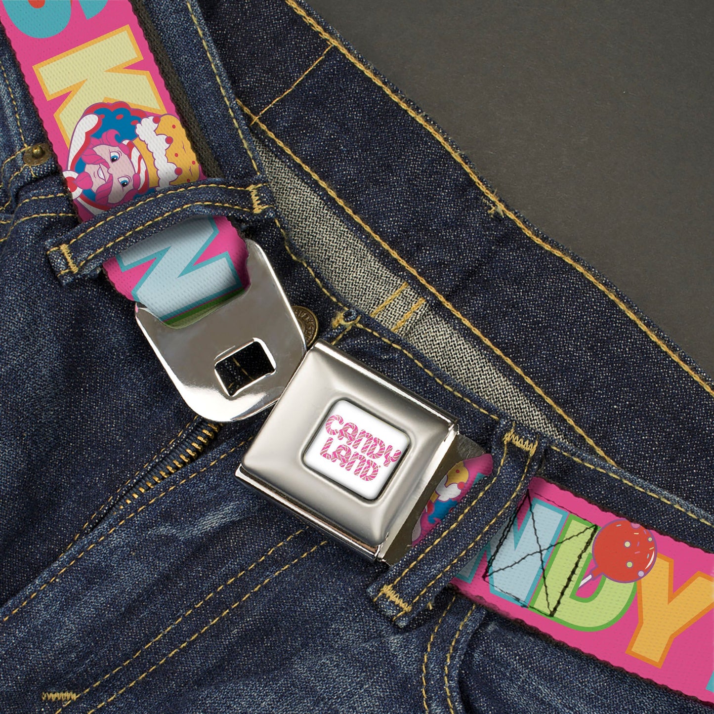 CANDY LAND Game Logo White/Pink Seatbelt Belt - Candy Land KANDY RULES King Kandy Face Red/Multi Color Webbing