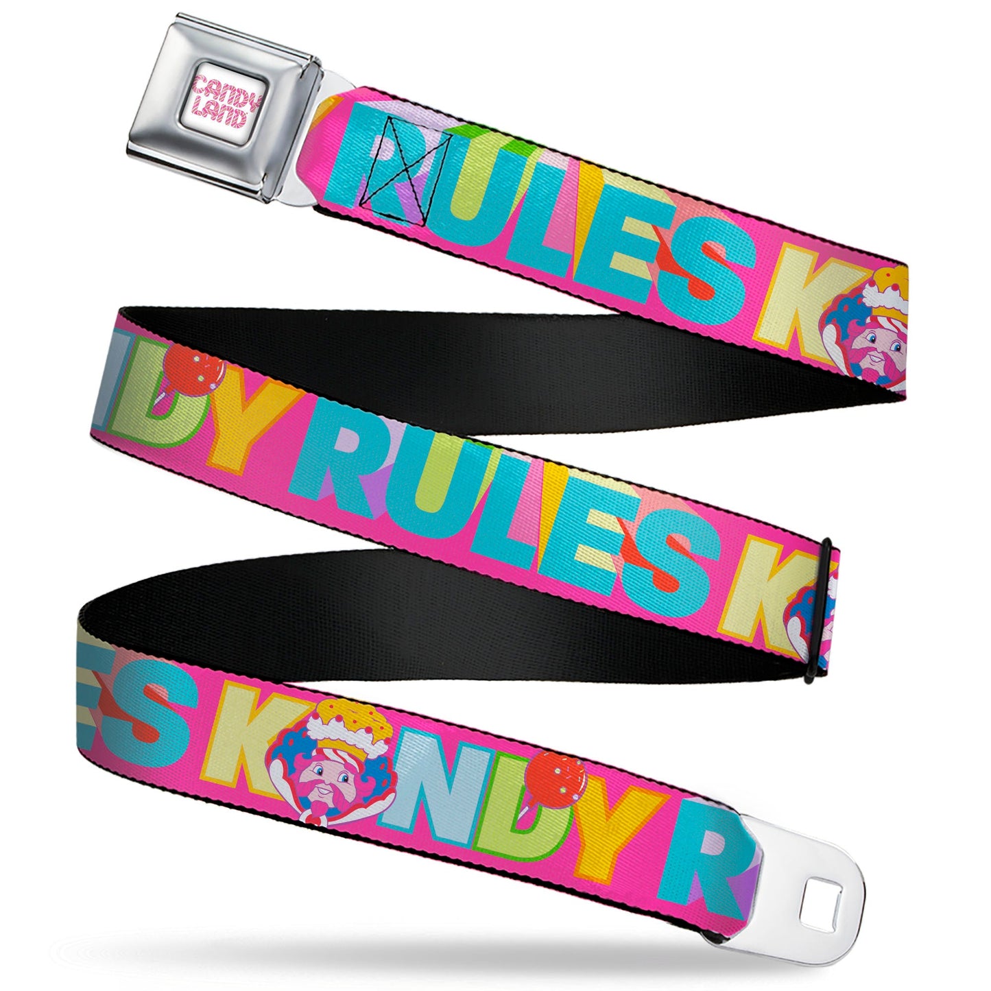 CANDY LAND Game Logo White/Pink Seatbelt Belt - Candy Land KANDY RULES King Kandy Face Red/Multi Color Webbing