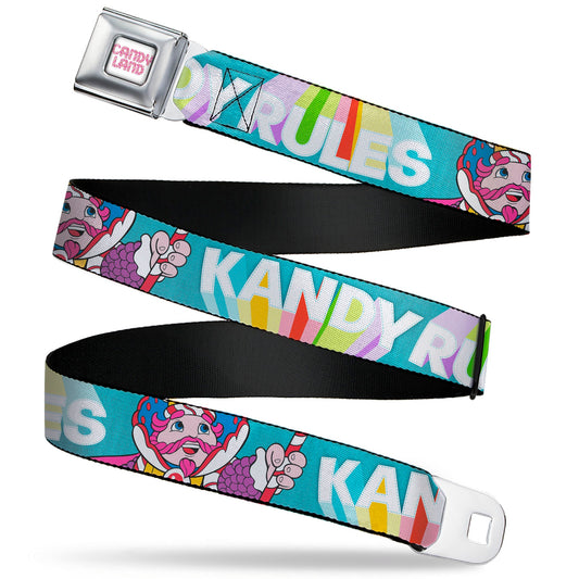 CANDY LAND Game Logo White/Pink Seatbelt Belt - Candy Land KANDY RULES King Kandy Pose Teal/Multi Color Webbing