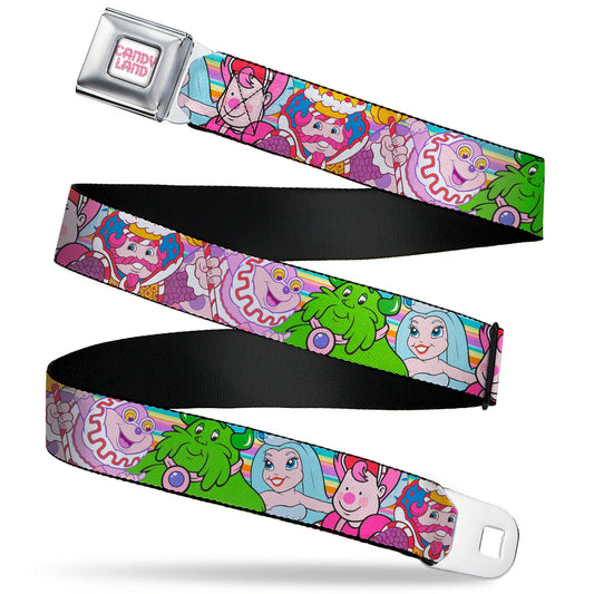 CANDY LAND Game Logo White/Pink Seatbelt Belt - Candy Land Character Lineup Stripe Multi Color Webbing
