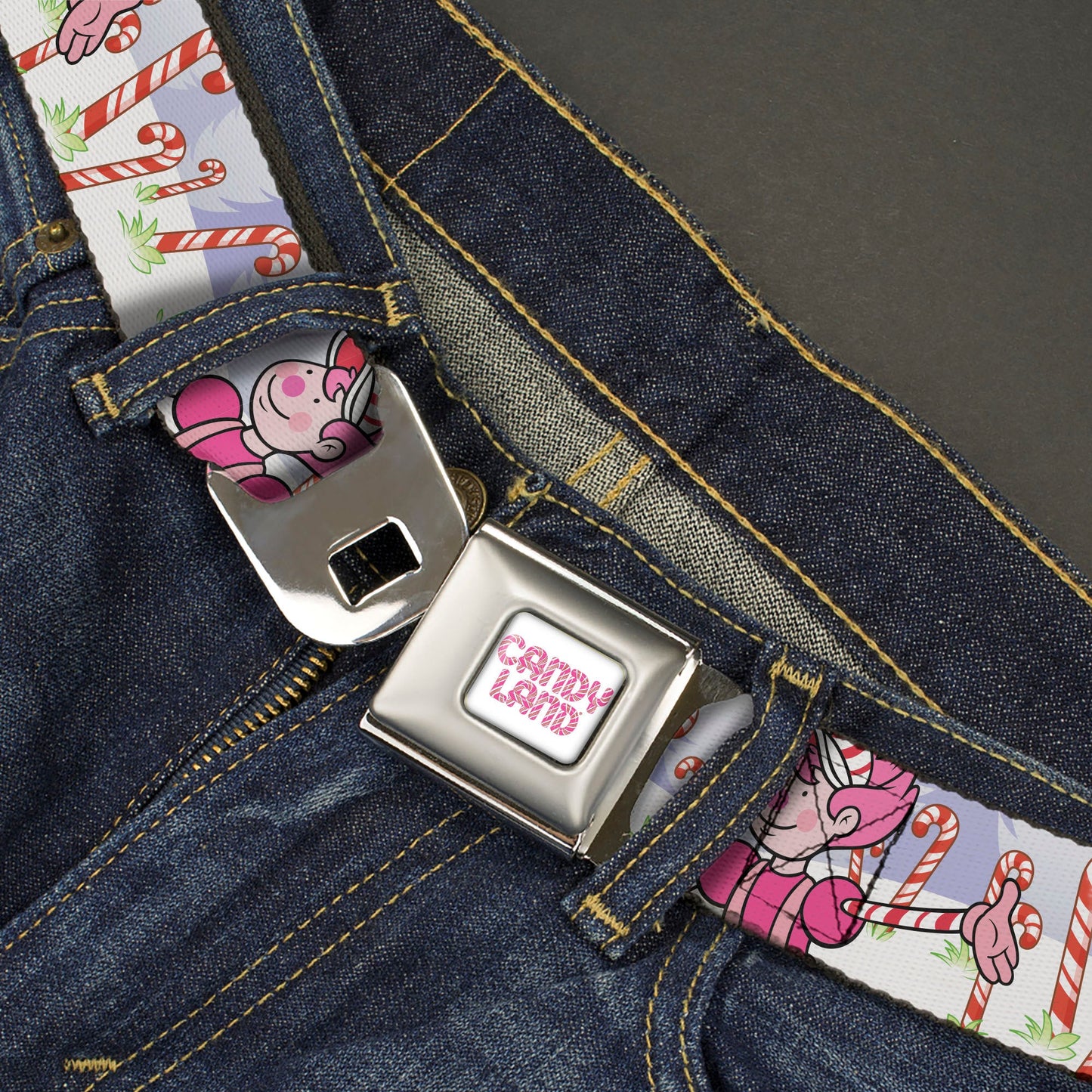 CANDY LAND Game Logo White/Pink Seatbelt Belt - Candy Land Mr. Mint Pose and Candy Canes Multi Color Webbing