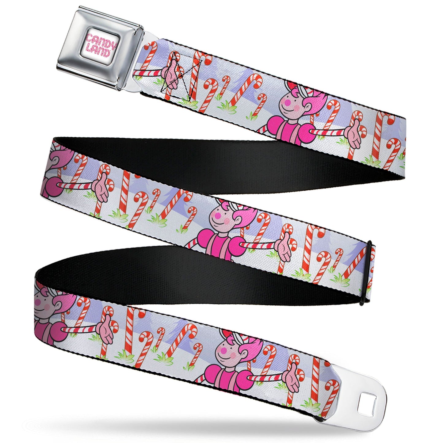CANDY LAND Game Logo White/Pink Seatbelt Belt - Candy Land Mr. Mint Pose and Candy Canes Multi Color Webbing