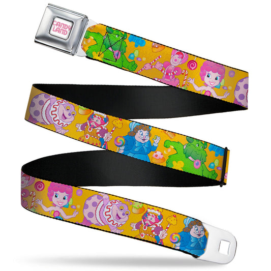 CANDY LAND Game Logo White/Pink Seatbelt Belt - Candy Land Characters and Candy Collage Yellow Webbing
