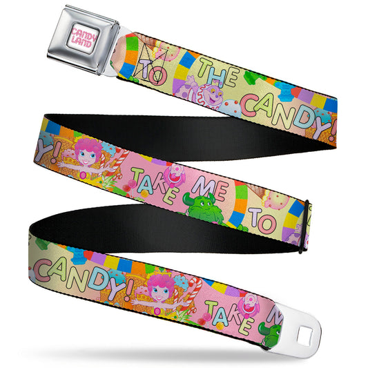 CANDY LAND Game Logo White/Pink Seatbelt Belt - Candy Land TAKE ME TO THE CANDY Character Collage Multi Color Webbing