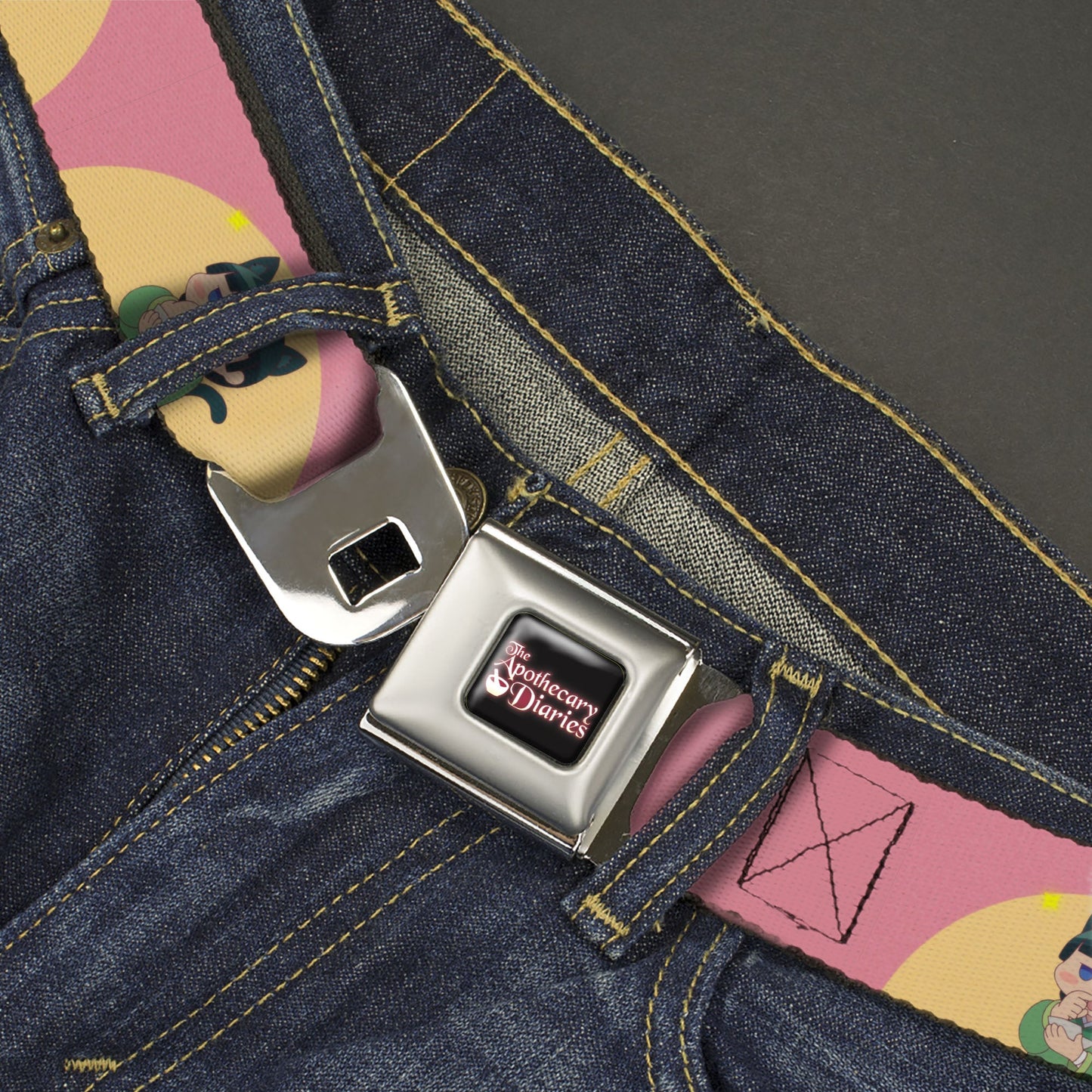 THE APOTHECARY DIARIES Title Logo Full Color Black/Red/White Seatbelt Belt - The Apothecary Diaries Chibi Maomao Cat Pose Pink/Yellow Webbing