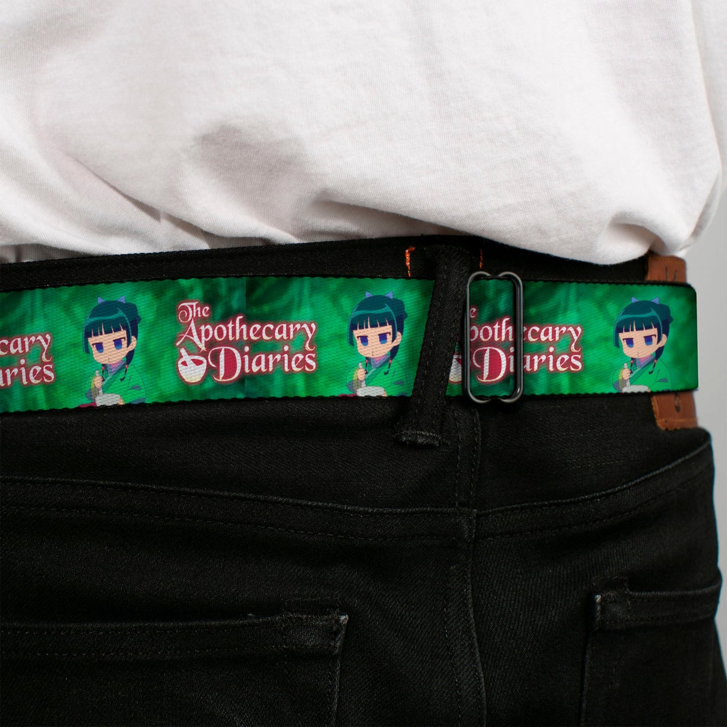 THE APOTHECARY DIARIES Title Logo Full Color Black/Red/White Seatbelt Belt - THE APOTHECARY DIARIES Maomao Grinding Pose and Title Logo Greens Webbing