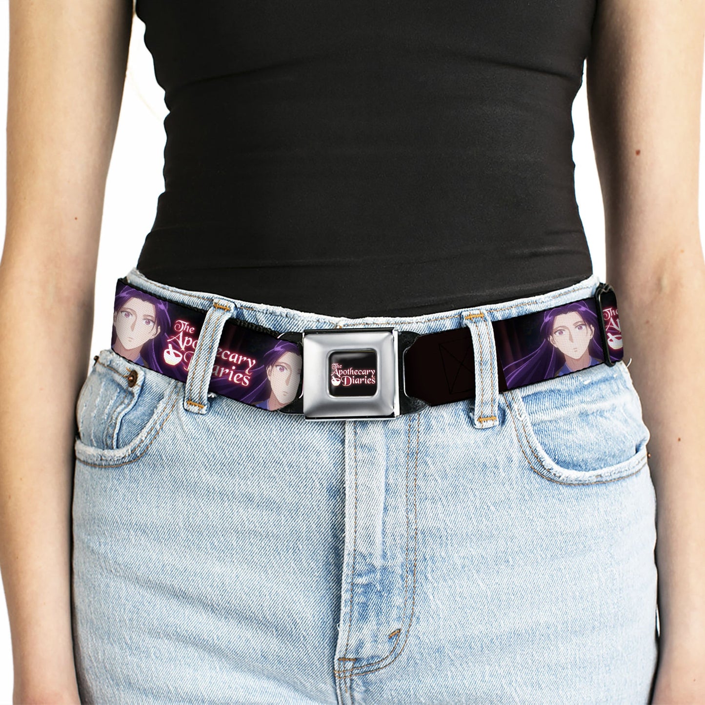 THE APOTHECARY DIARIES Title Logo Full Color Black/Red/White Seatbelt Belt - THE APOTHECARY DIARIES Jinshi Pose and Title Logo Black Webbing