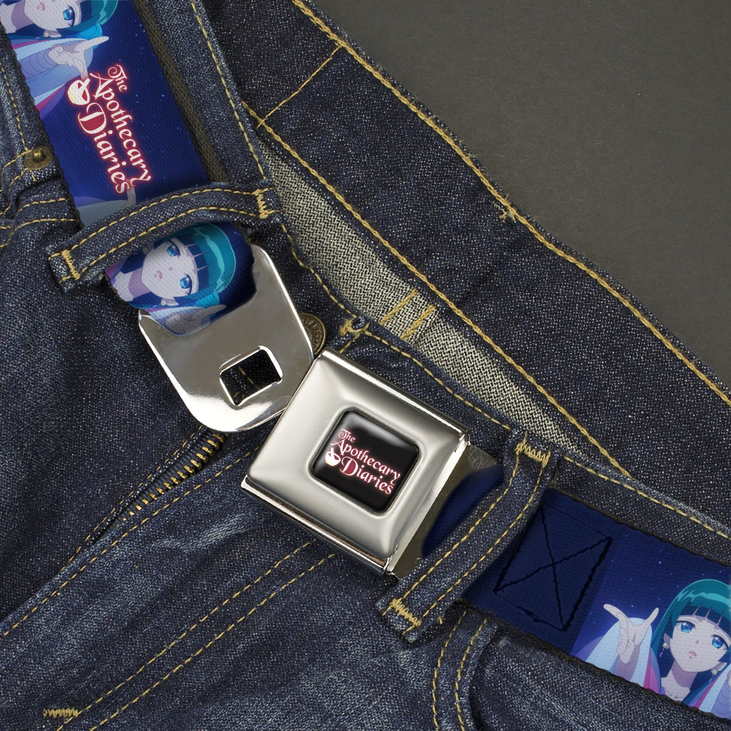 THE APOTHECARY DIARIES Title Logo Full Color Black/Red/White Seatbelt Belt - THE APOTHECARY DIARIES Maomao Hands Out Pose and Title Logo Purples Webbing