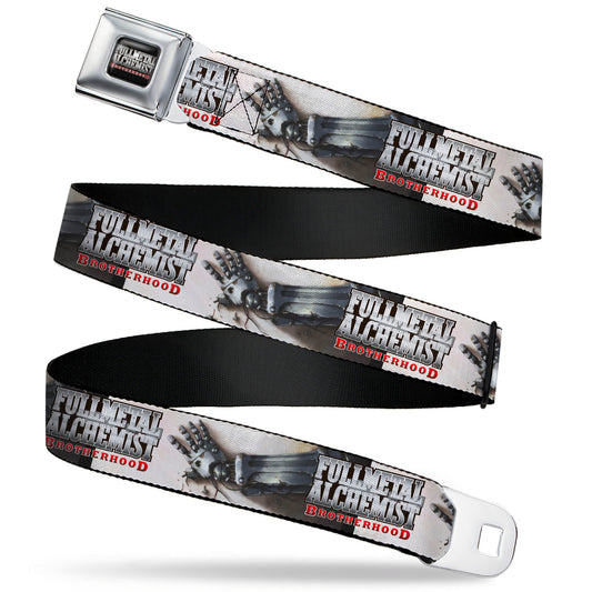 FULLMETAL ALCHEMIST BROTHERHOOD Title Logo Full Color Black Seatbelt Belt - FULLMETAL ALCHEMIST BROTHERHOOD Edward Elrics Automail Arm Tan Webbing