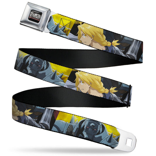 FULLMETAL ALCHEMIST BROTHERHOOD Title Logo Full Color Black Seatbelt Belt - Fullmetal Alchemist Brotherhood Elric Brothers Pose Blocks Webbing