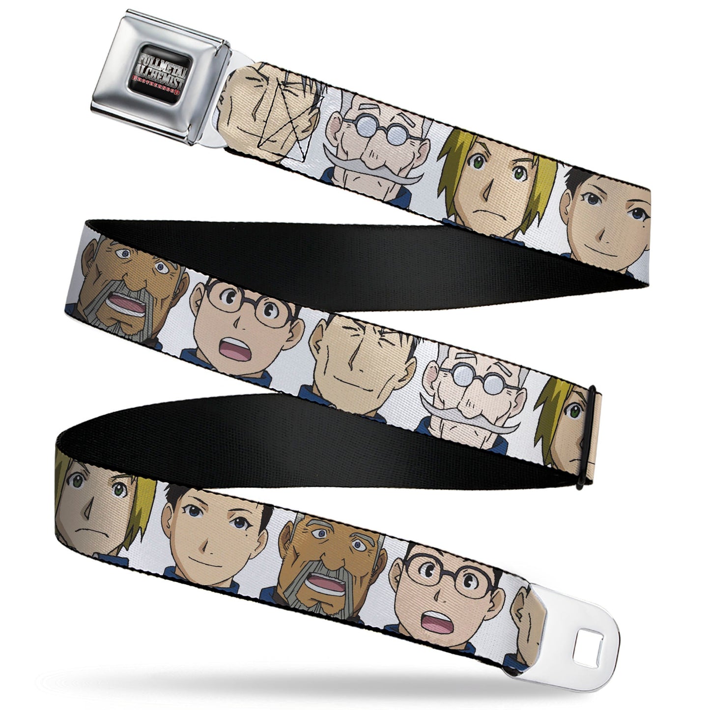FULLMETAL ALCHEMIST BROTHERHOOD Title Logo Full Color Black Seatbelt Belt - Fullmetal Alchemist Brotherhood Central Forces Military Personnel Faces White Webbing
