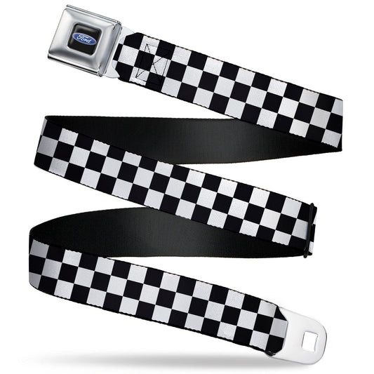 Ford Oval Full Color Black/Blue Seatbelt Belt - Checker Black/White Webbing