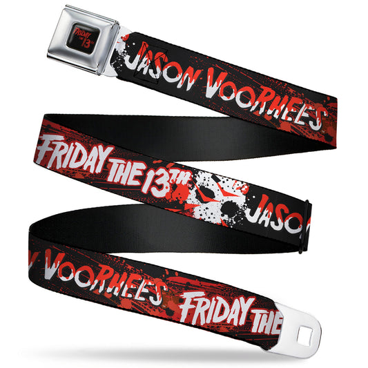 FRIDAY THE 13TH Title Logo Full Color Black/Red Seatbelt Belt - FRIDAY THE 13TH JASON VOORHIES Mask Text Black/Red/White Webbing