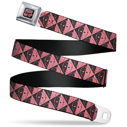 FRIDAY THE 13TH Title Logo Full Color Black/Red Seatbelt Belt - Friday the 13th Jason Mask Diamond Split Black/Red Webbing