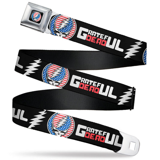 Grateful Dead Steal Your Face Stars and Stripes Logo Full Color Black/White/Red/Blue Seatbelt Belt - GRATEFUL DEAD Text with Steal Your Face Stars and Stripes Logo Black/White/Red/Blue Webbing