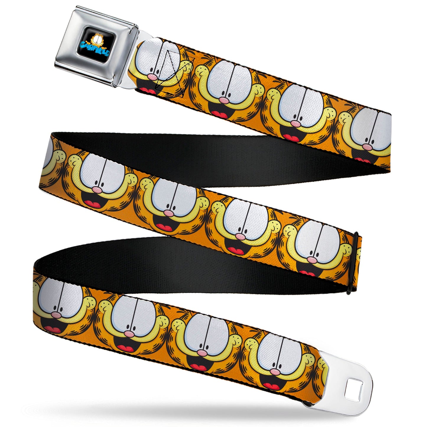GARFIELD Pose Title Logo Full Color Black Seatbelt Belt - Garfield Smiling Expression Close-Up Orange Webbing