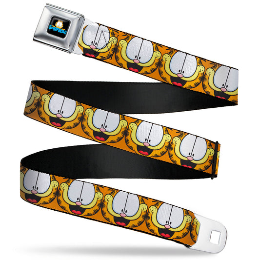 GARFIELD Pose Title Logo Full Color Black Seatbelt Belt - Garfield Smiling Expression Close-Up Orange Webbing