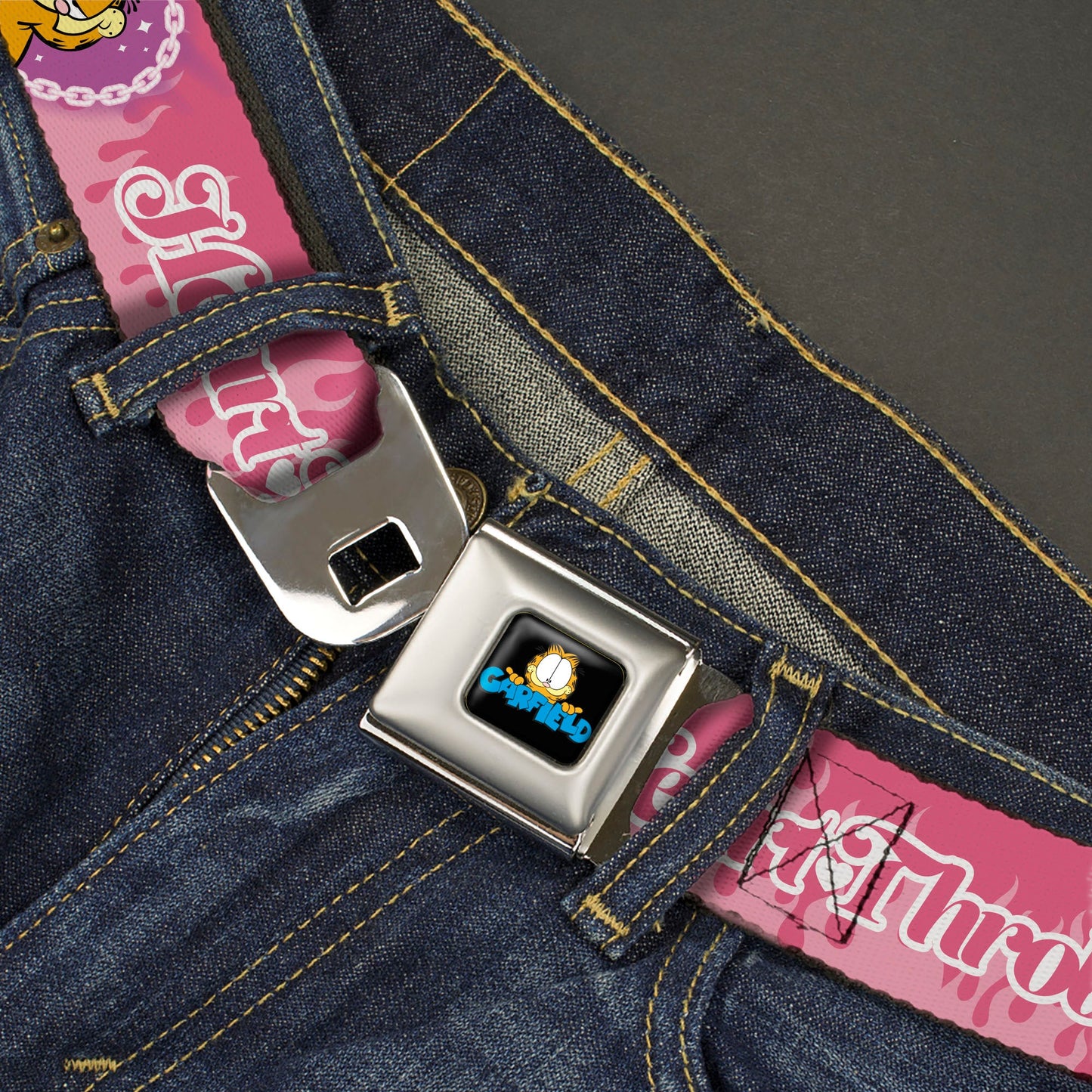 Garfield Smiling Face and Text Logo Full Color Black Seatbelt Belt - Garfield HEART THROB Flames Pose Valentine Pinks Webbing