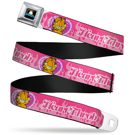 Garfield Smiling Face and Text Logo Full Color Black Seatbelt Belt - Garfield HEART THROB Flames Pose Valentine Pinks Webbing